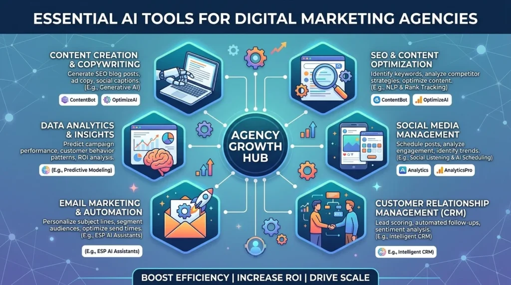 Best AI tools for digital marketing agencies featuring SEO, content creation, social media, email marketing, and analytics dashboards