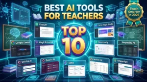 Best AI tools for teachers in 2026 featuring ChatGPT, Google Gemini, MagicSchool AI, Canva Magic Studio, Grammarly, Quizizz AI, Diffit, Notion AI, Perplexity AI, and Khanmigo.
