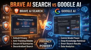 Brave AI Search vs Google AI comparison showing privacy, search accuracy, citations, and AI-powered search features