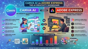 Canva AI vs Adobe Express comparison showing AI design tools, templates, image generation, and creative features.