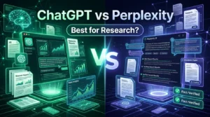 ChatGPT vs Perplexity for research comparison showing citations, academic research, data analysis, and fact-checking capabilities