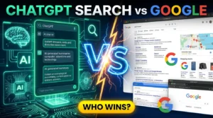 ChatGPT Search vs Google Search comparison showing AI-powered search, traditional search engine results, and research capabilities.