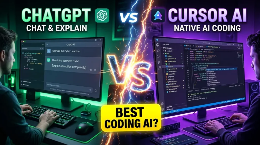 ChatGPT vs Cursor AI comparison showing coding assistant features, IDE integration, debugging tools, and developer productivity.