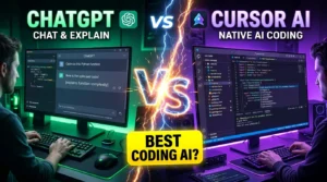 ChatGPT vs Cursor AI comparison showing coding assistant features, IDE integration, debugging tools, and developer productivity.