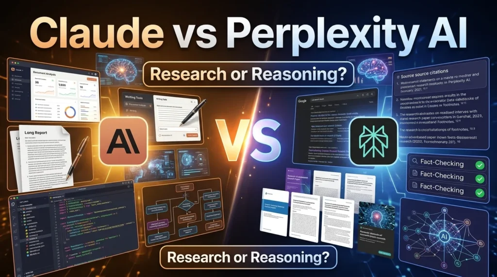 Claude vs Perplexity AI comparison showing research, writing, reasoning, citations, and document analysis capabilities
