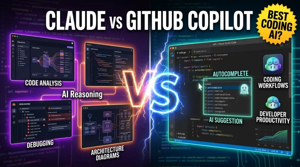 Claude vs GitHub Copilot comparison showing coding assistance, debugging, IDE integration, and AI developer productivity features.