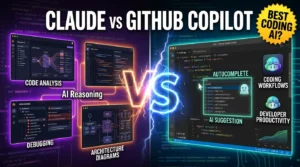 Claude vs GitHub Copilot comparison showing coding assistance, debugging, IDE integration, and AI developer productivity features.