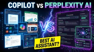 Microsoft Copilot vs Perplexity AI comparison showing productivity tools, AI search features, research capabilities, and business integrations.
