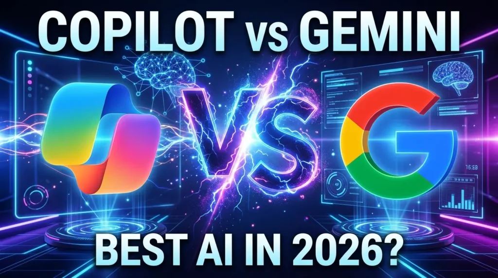 Microsoft Copilot vs Google Gemini comparison showing AI features, productivity tools, integrations, and performance.