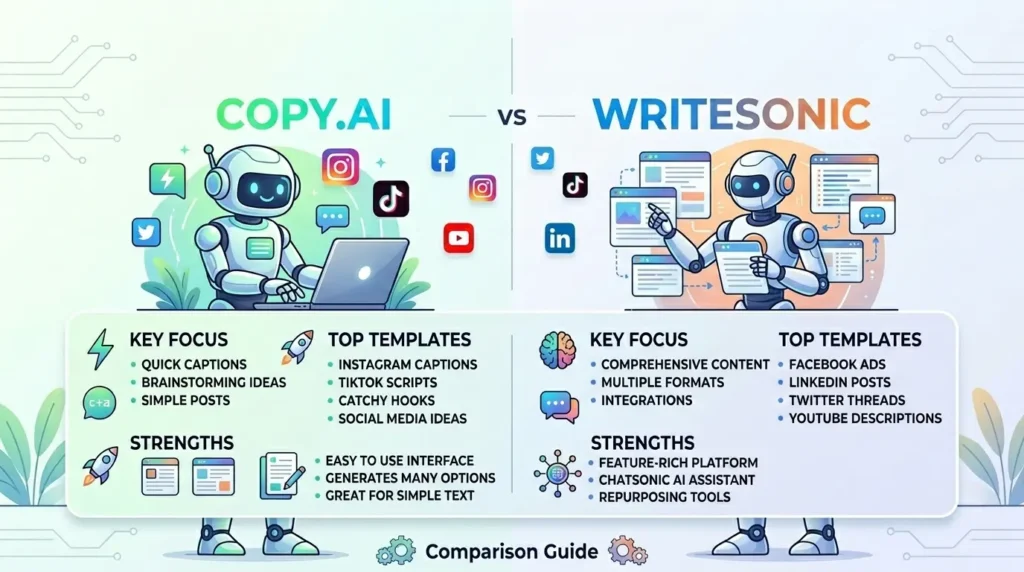 Copy.ai vs Writesonic social media content comparison dashboard