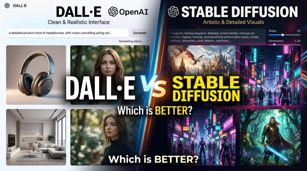 DALL·E vs Stable Diffusion comparison showing AI-generated images, creativity, and customization features.