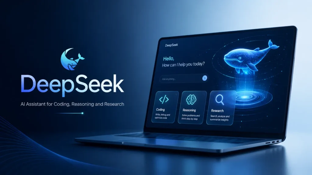 DeepSeek AI tool 2026 showing AI assistant features for coding reasoning research writing and productivity