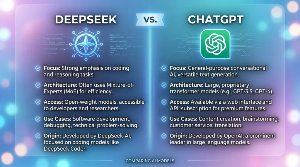 Image Alt: DeepSeek vs ChatGPT comparison showing features, pricing, coding, and AI performance.
