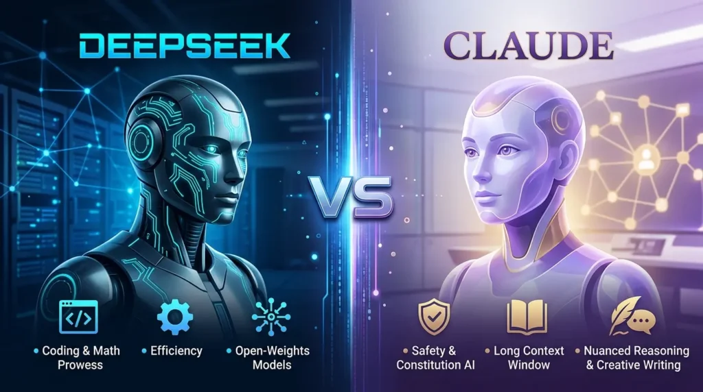 DeepSeek vs Claude AI comparison showing features, pricing, coding, writing, and performance differences