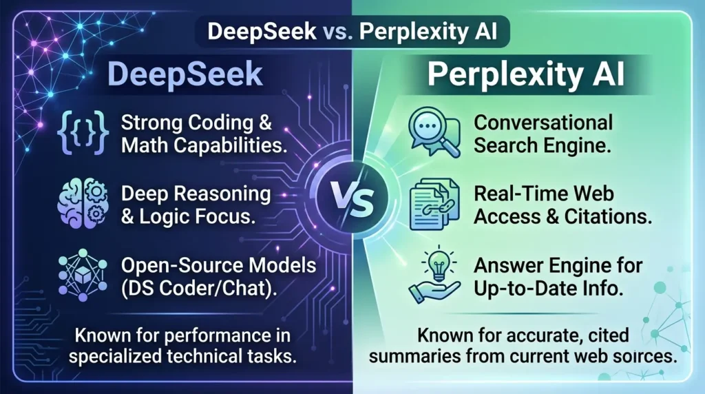DeepSeek vs Perplexity AI comparison showing research, coding, reasoning, citations, and AI productivity feature