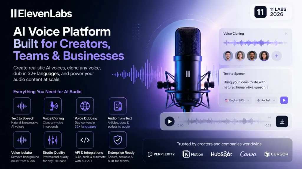 ElevenLabs AI tool 2026 showing AI voice generator features for text to speech voice cloning dubbing and transcription