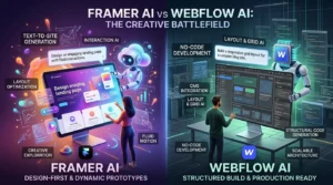Framer AI vs Webflow AI comparison showing website builder features, SEO tools, and customization options