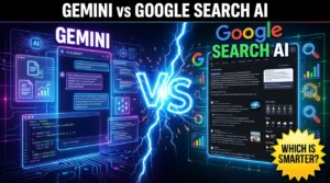 Gemini vs Google Search AI comparison showing AI assistant features, search capabilities, research tools, and productivity functions.