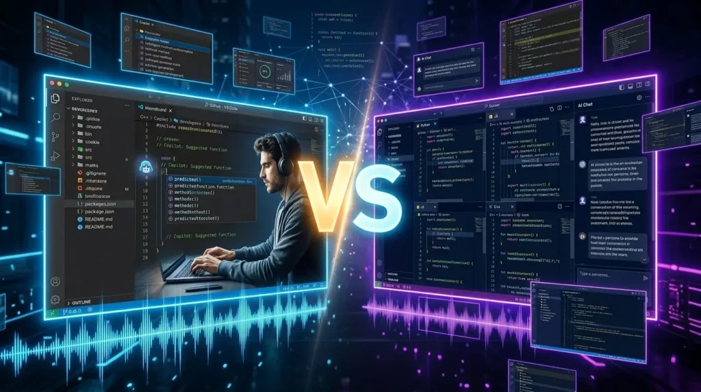 GitHub Copilot vs Cursor AI comparison showing AI coding assistants for software developers