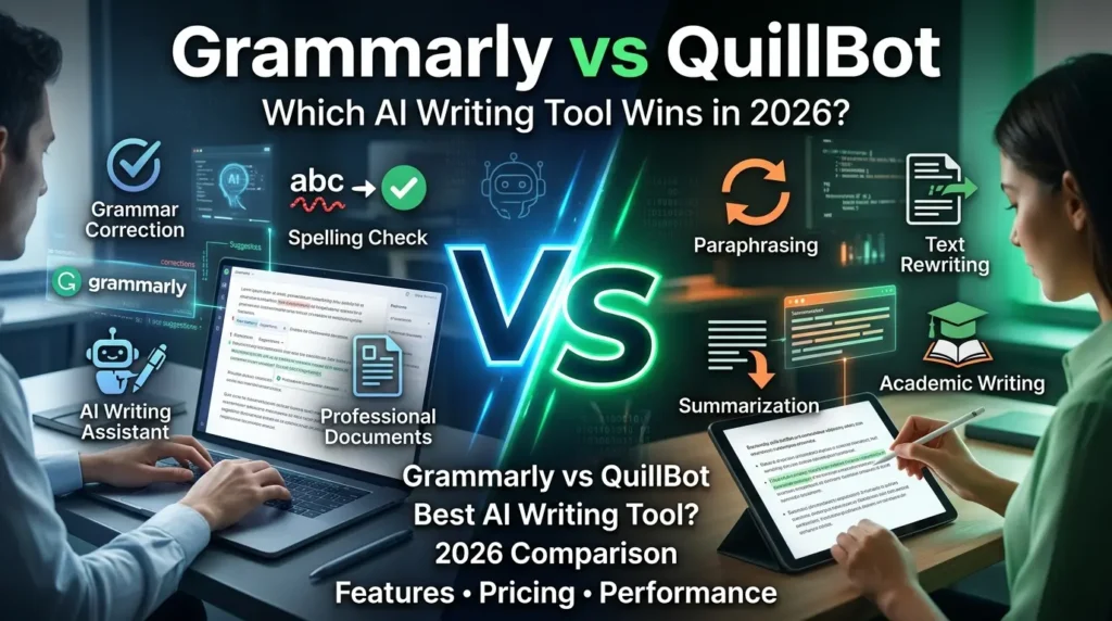 Grammarly vs QuillBot AI writing assistant comparison showing grammar checking, paraphrasing, plagiarism detection, and pricing features
