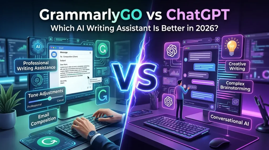 GrammarlyGO vs ChatGPT comparison showing AI writing, grammar correction, content generation, and productivity features