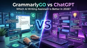 GrammarlyGO vs ChatGPT comparison showing AI writing, grammar correction, content generation, and productivity features