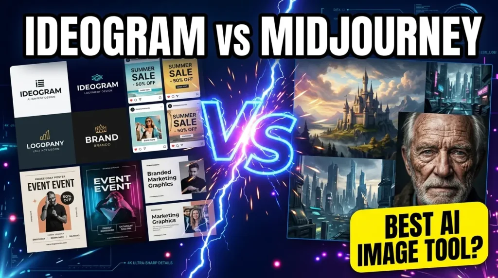 Ideogram vs Midjourney comparison showing AI-generated artwork, logo design, typography capabilities, and creative image generation features.