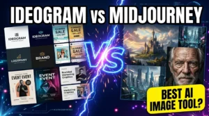 Ideogram vs Midjourney comparison showing AI-generated artwork, logo design, typography capabilities, and creative image generation features.