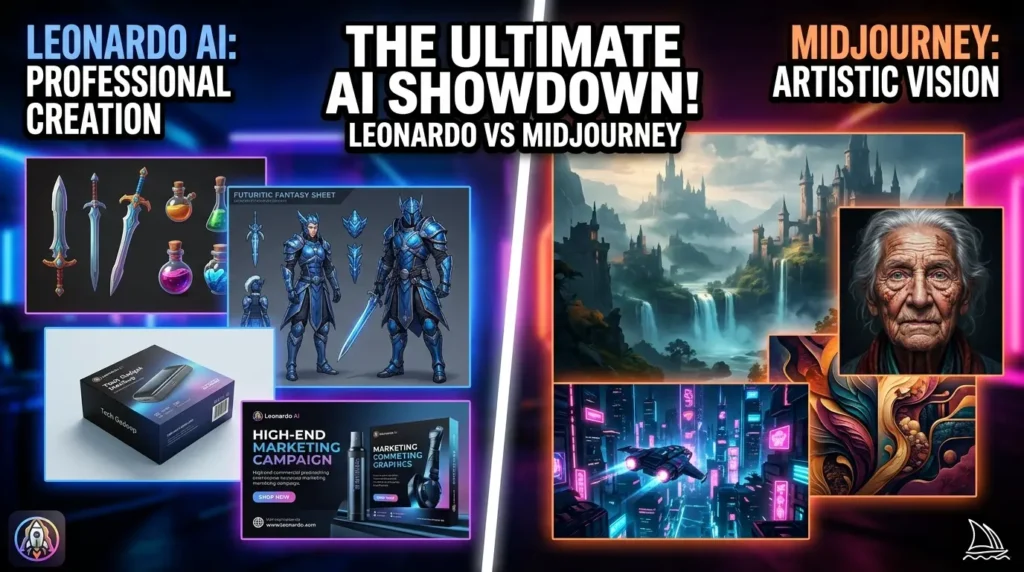 Leonardo AI vs Midjourney comparison showing AI-generated artwork, image quality, customization features, and creative capabilities.