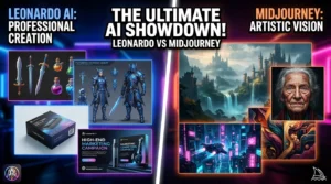 Leonardo AI vs Midjourney comparison showing AI-generated artwork, image quality, customization features, and creative capabilities.