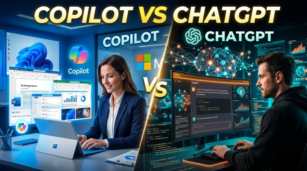 Microsoft Copilot vs ChatGPT comparison showing AI productivity, writing, coding, and business features.