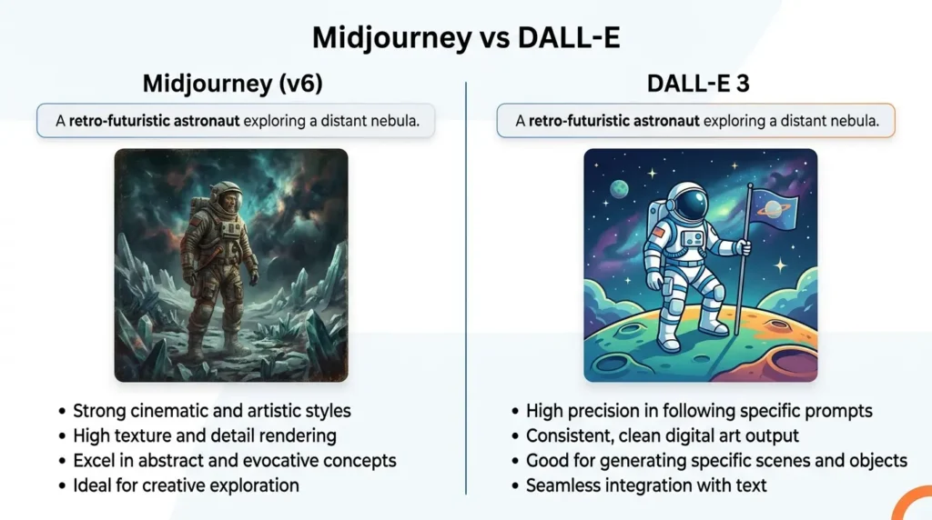 Midjourney vs DALL·E comparison showing AI-generated images, features, and creative differences in 2026