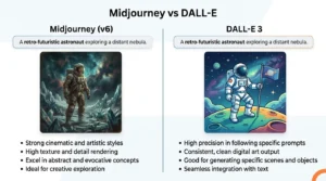 Midjourney vs DALL·E comparison showing AI-generated images, features, and creative differences in 2026