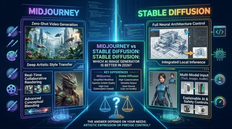 Midjourney vs Stable Diffusion comparison showing AI-generated artwork differences, quality, and features in 2026
