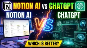 Notion AI vs ChatGPT comparison showing productivity, note-taking, content creation, and AI capabilities.