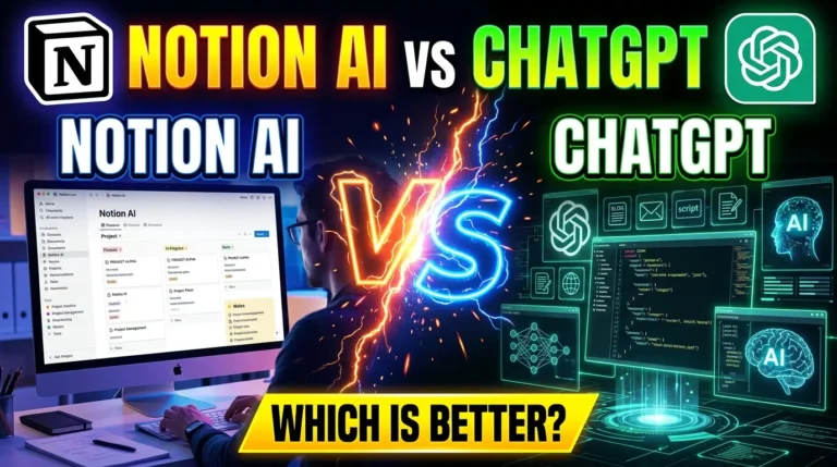 Notion AI vs ChatGPT comparison showing productivity, note-taking, content creation, and AI capabilities.