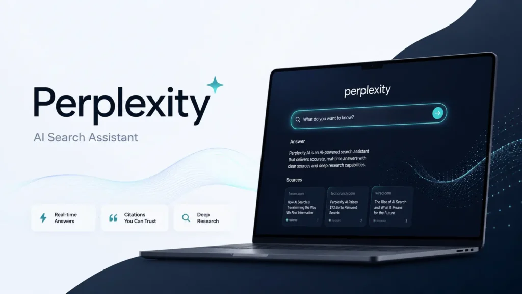 Perplexity AI tool 2026 showing AI search assistant features for real-time answers research citations and productivity