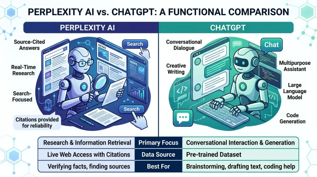 Perplexity AI vs ChatGPT comparison showing features, pricing, and performance.