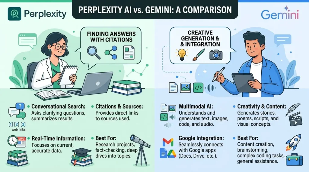 Perplexity AI vs Gemini comparison showing features, pricing, research, coding, and productivity differences.