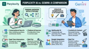 Perplexity AI vs Gemini comparison showing features, pricing, research, coding, and productivity differences.