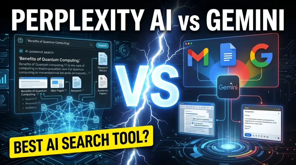 Perplexity AI vs Gemini comparison showing AI search, research capabilities, source citations, and productivity features.