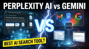 Perplexity AI vs Gemini comparison showing AI search, research capabilities, source citations, and productivity features.