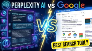 Perplexity AI vs Google Search comparison showing AI-powered search, research capabilities, citations, and web discovery features.