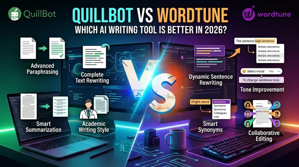 QuillBot vs Wordtune comparison showing paraphrasing, rewriting, grammar checking, tone adjustment, and AI writing features