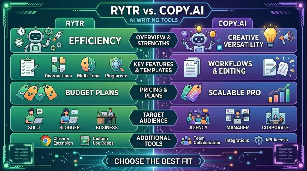 Rytr vs Copy.ai AI writing tools comparison dashboard for bloggers and marketers
