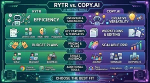 Rytr vs Copy.ai AI writing tools comparison dashboard for bloggers and marketers