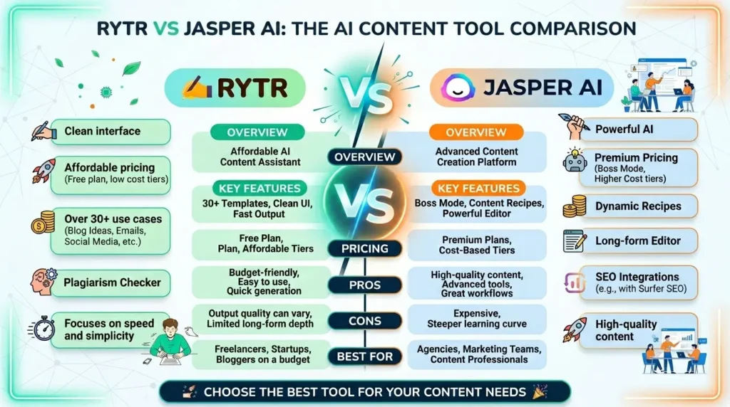 Rytr vs Jasper AI comparison dashboard showing AI writing tool features