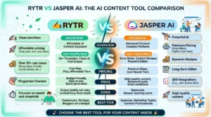 Rytr vs Jasper AI comparison dashboard showing AI writing tool features
