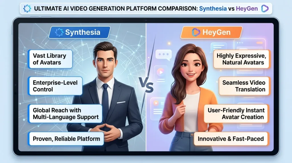 Synthesia vs HeyGen AI video generator comparison showing features, pricing, avatars, voice cloning, templates, and video creation performance in 2026.