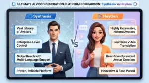 Synthesia vs HeyGen AI video generator comparison showing features, pricing, avatars, voice cloning, templates, and video creation performance in 2026.